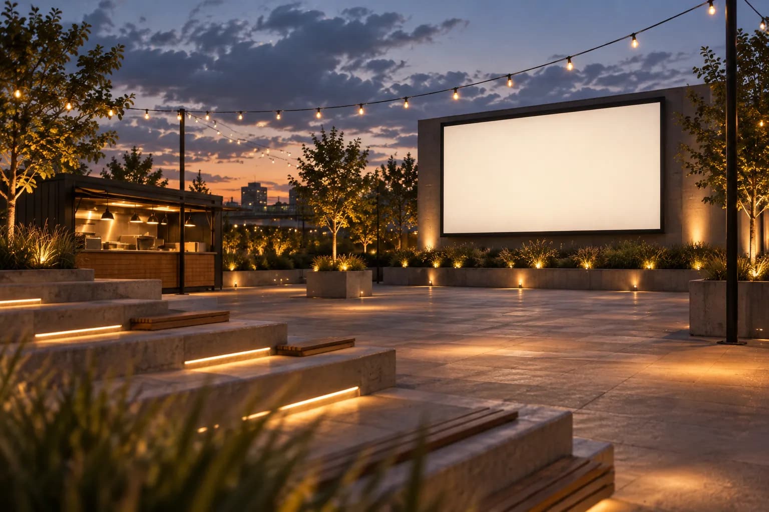 An outdoor plaza with seating and a large screen at dusk
