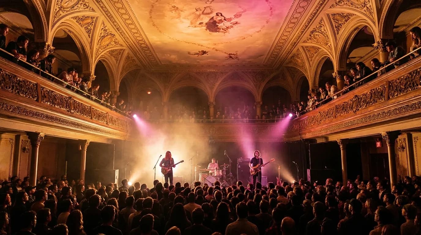 A band playing to a full room in an ornate old music hall with a balcony above the crowd.