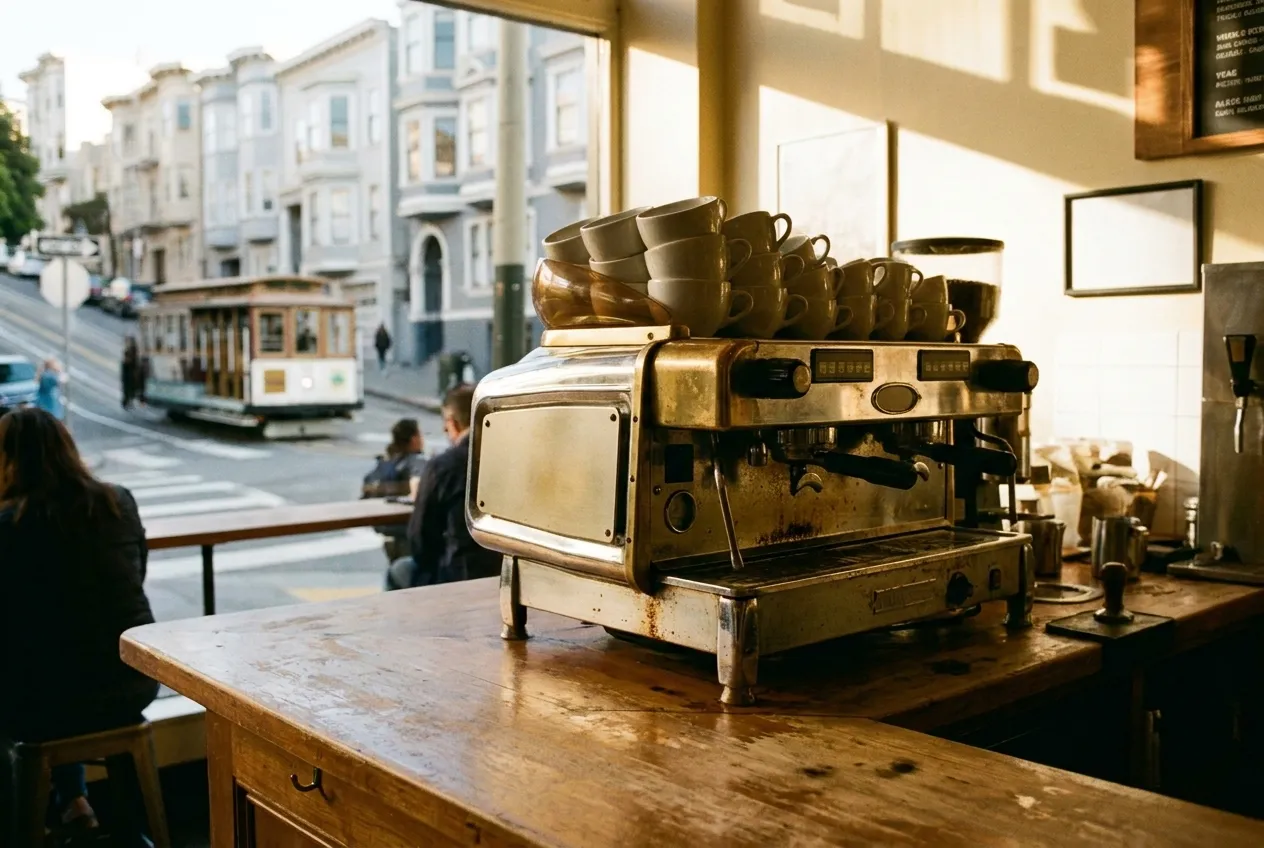 An espresso machine on a worn cafe counter, cups stacked on top of it