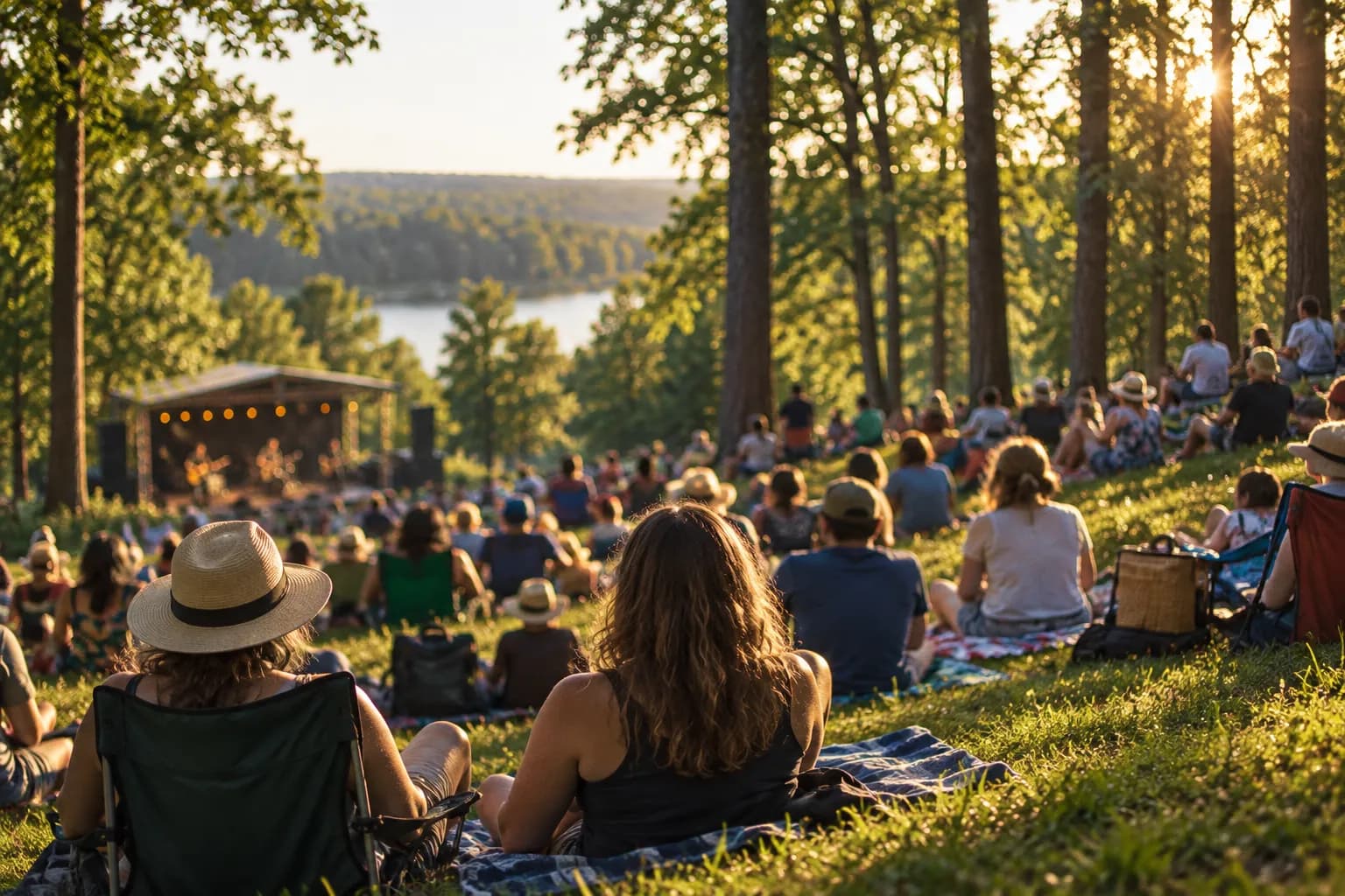 A crowd on grass in a wooded amphitheatre on a bright afternoon