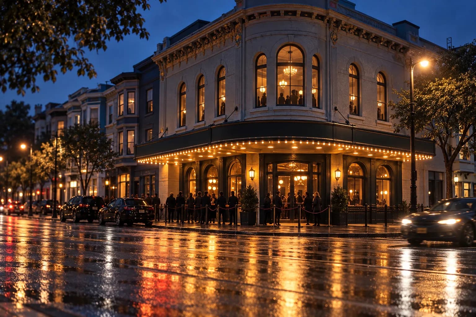 A historic music hall facade on a San Francisco corner at night