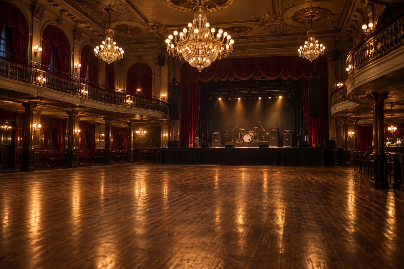 A chandelier-lit ballroom with a stage and a wooden floor
