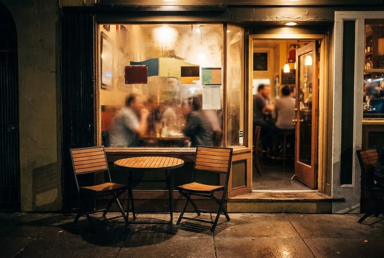 A night street of small bars, warm light spilling onto the pavement