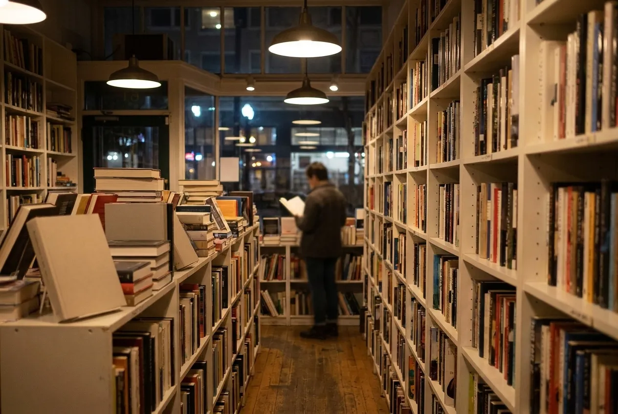A narrow bookshop aisle at night, shelves to the ceiling, one person reading