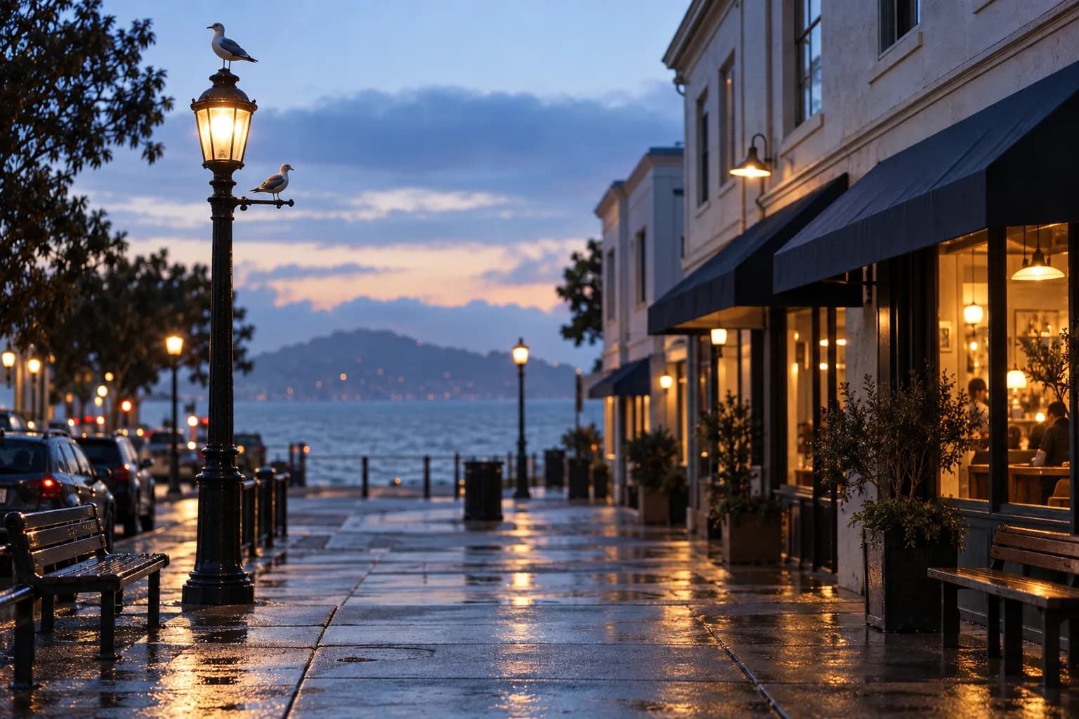 A waterfront street in San Francisco at dusk with low buildings and gulls