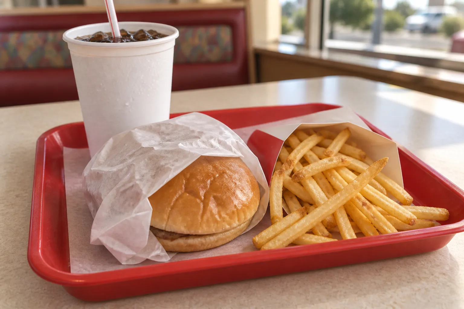 A paper-wrapped burger and fries on a red tray on a laminate table