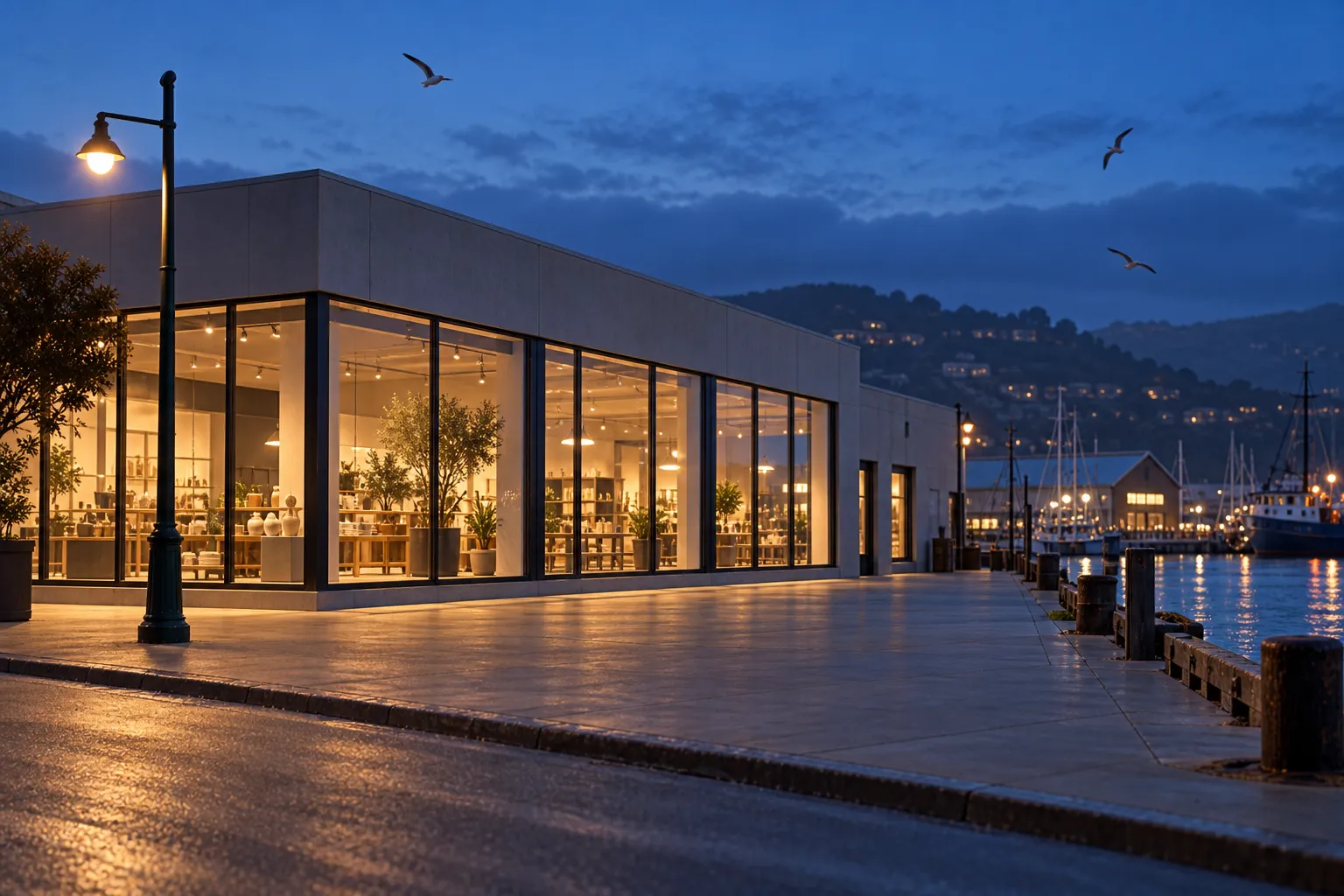 A large ground-floor retail unit on a wharf street with tall windows at dusk