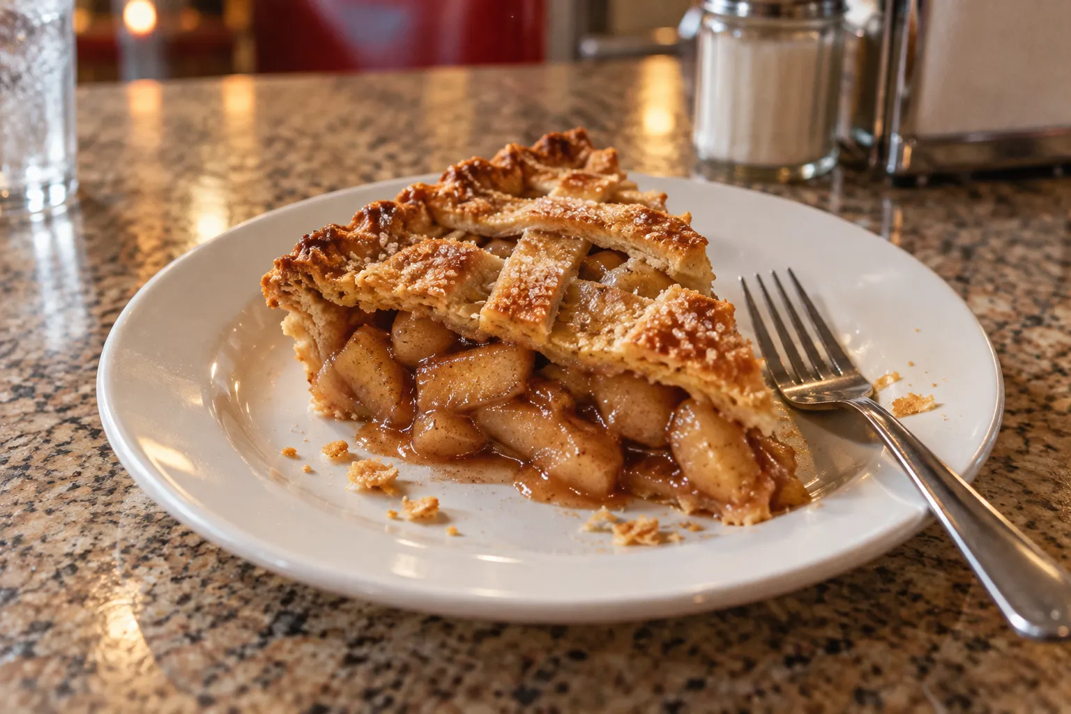 A slice of fruit pie with a lattice crust on a plain plate