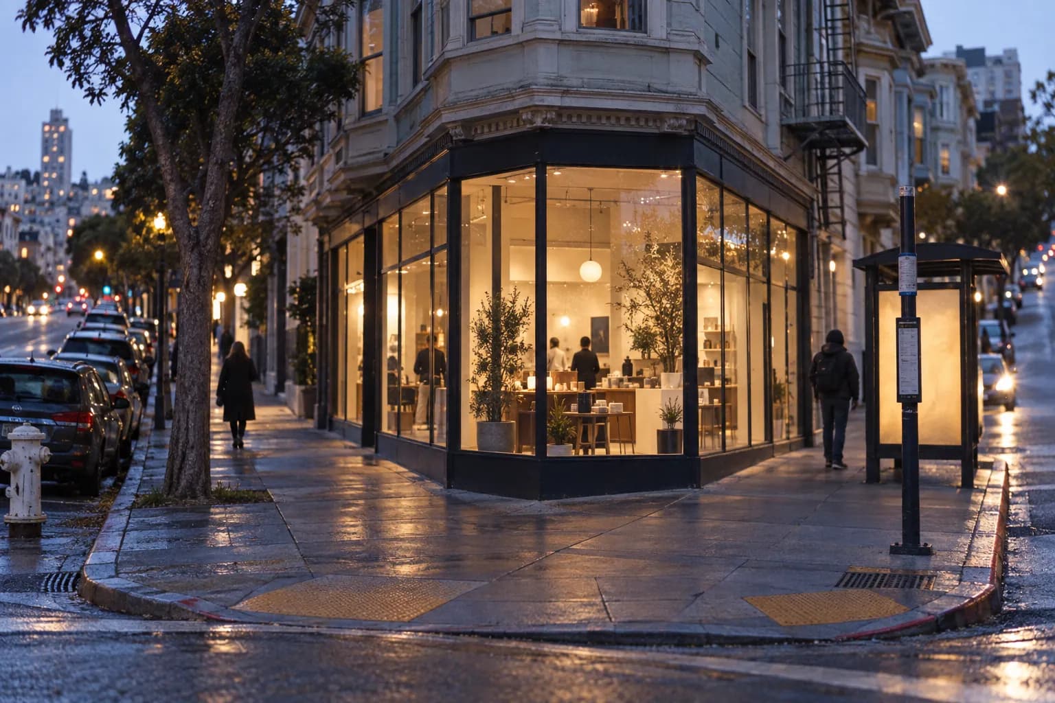 A San Francisco street corner with a modern glass-fronted shop at dusk