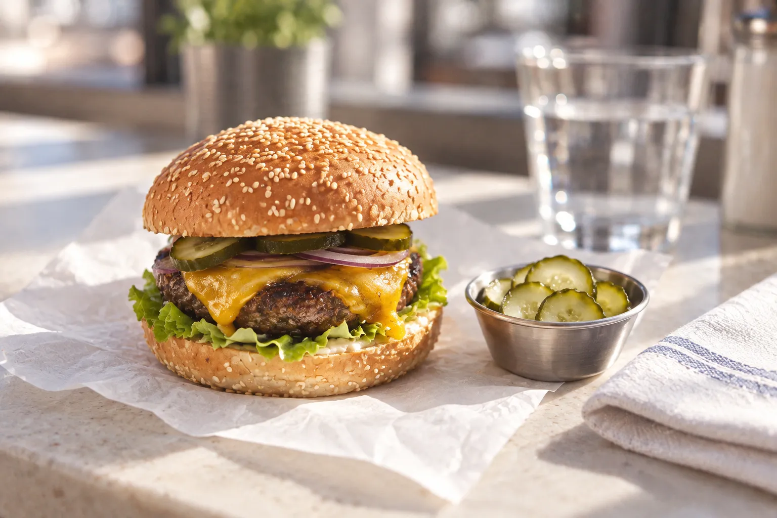 A cheeseburger in paper beside a small dish of pickles