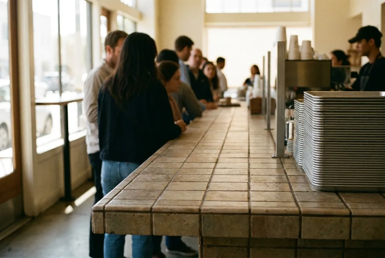 A tiled counter with a short queue in front of it and trays stacked at one end