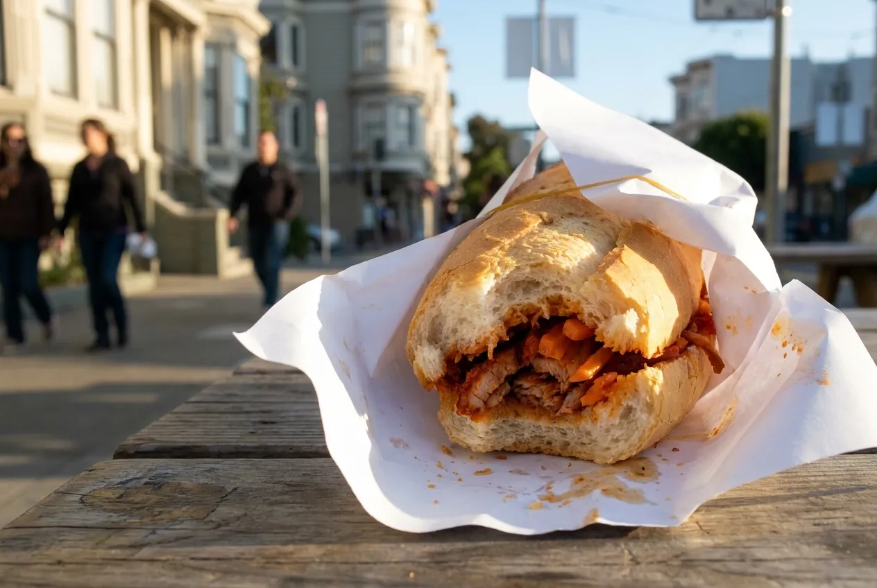 A baguette sandwich in a paper wrapper, folded back where someone has started it