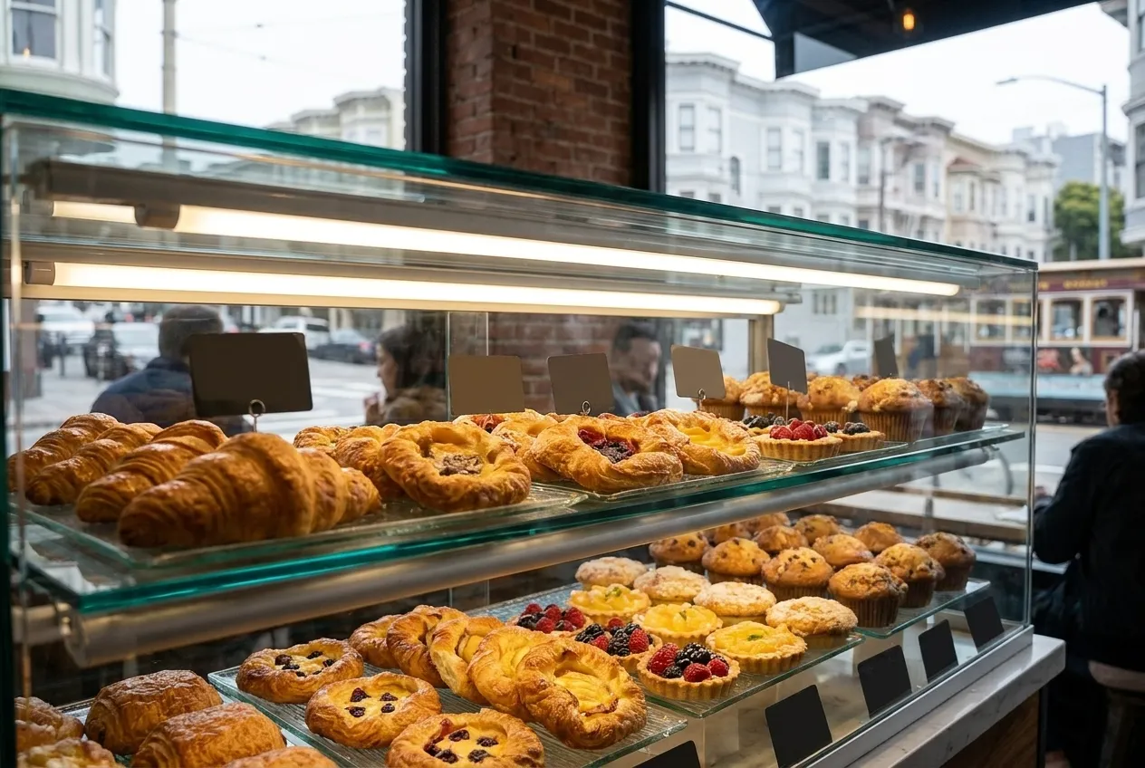 A glass case of pastries at a counter, fluorescent light, no queue