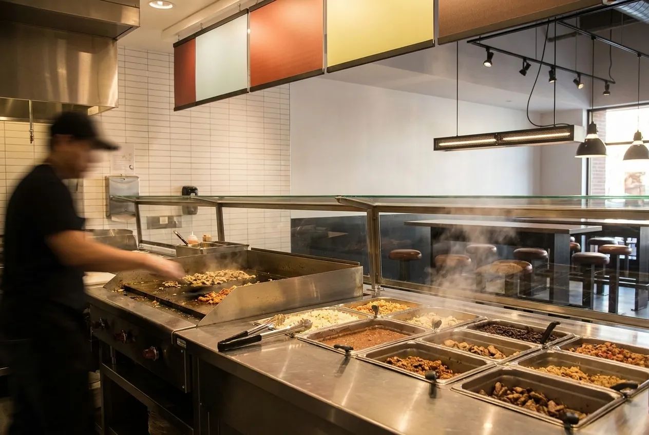 A griddle and steam trays behind a counter, tongs resting on the edge