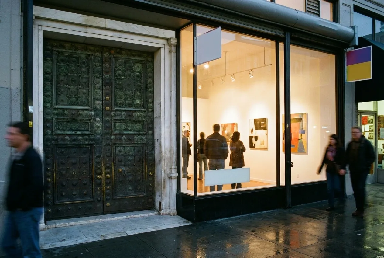 A small storefront gallery in the evening, a few visitors along the hung wall