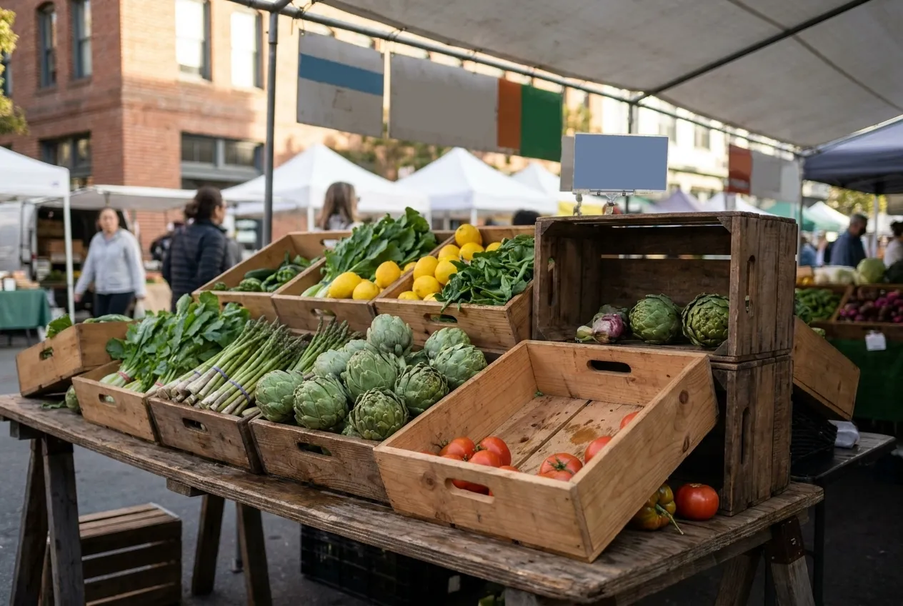 Crates of produce on a market stall in the morning, one crate half empty