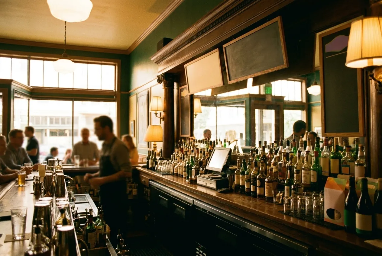 A bar counter with bottles ranked behind it, warm lamps, early in the evening