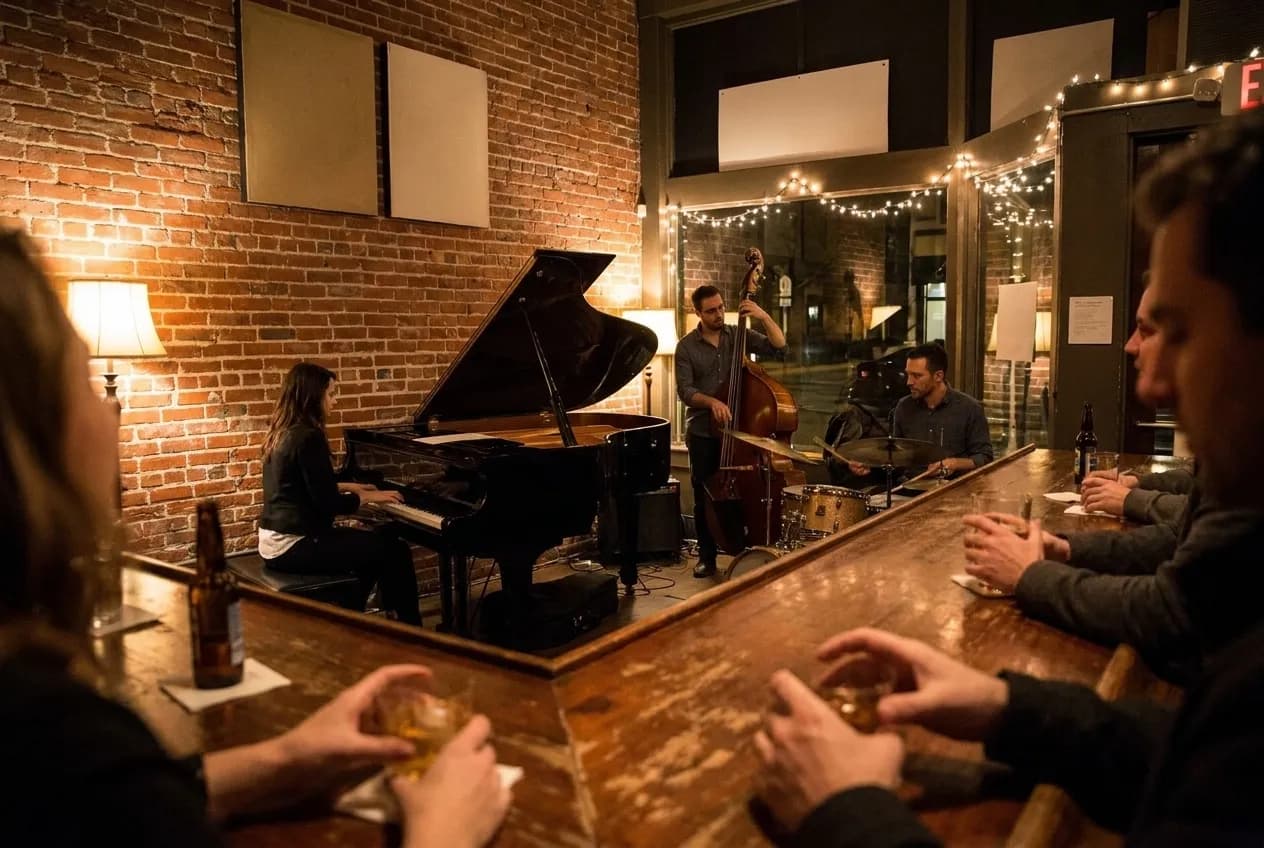 A small band playing in the corner of a dim bar, drinkers close to them