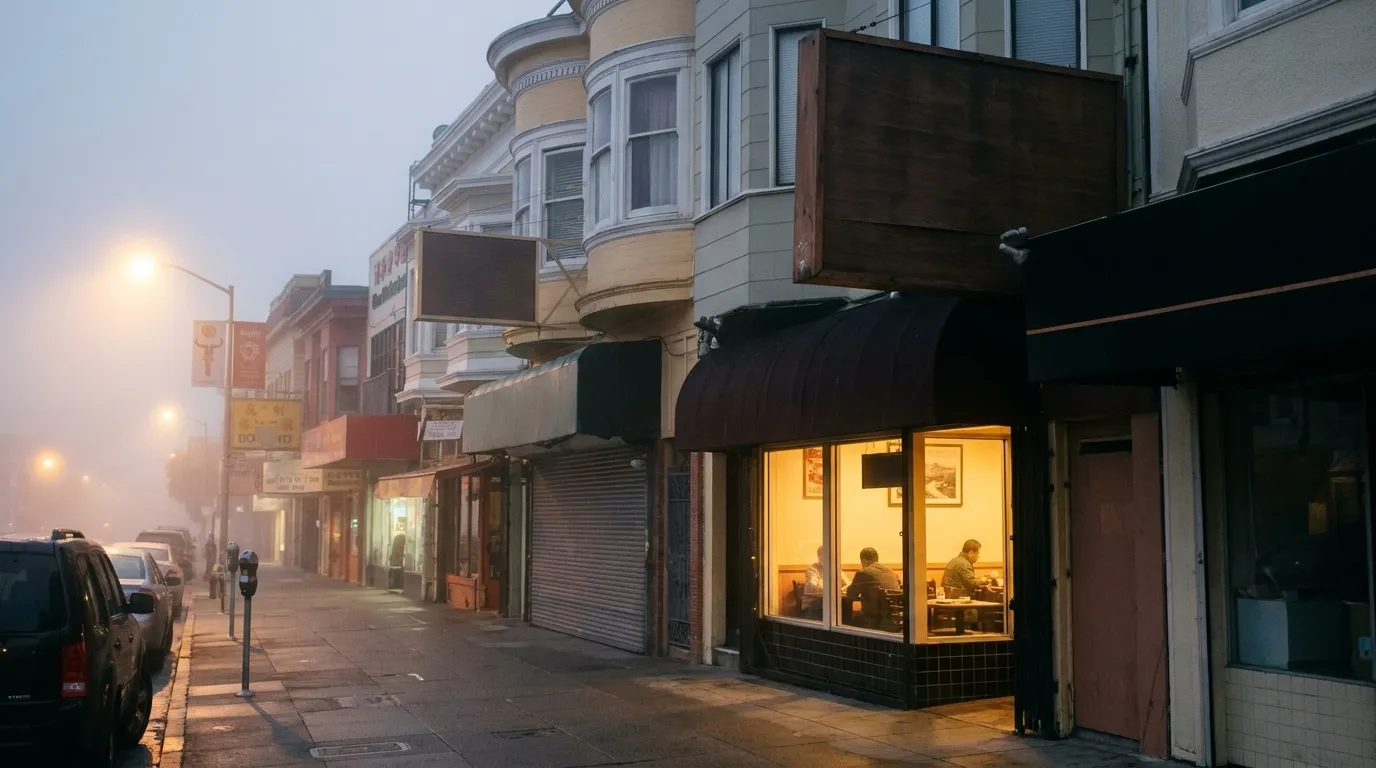 A small restaurant front on Clement Street in San Francisco's Inner Richmond, lit warmly against an evening fog.