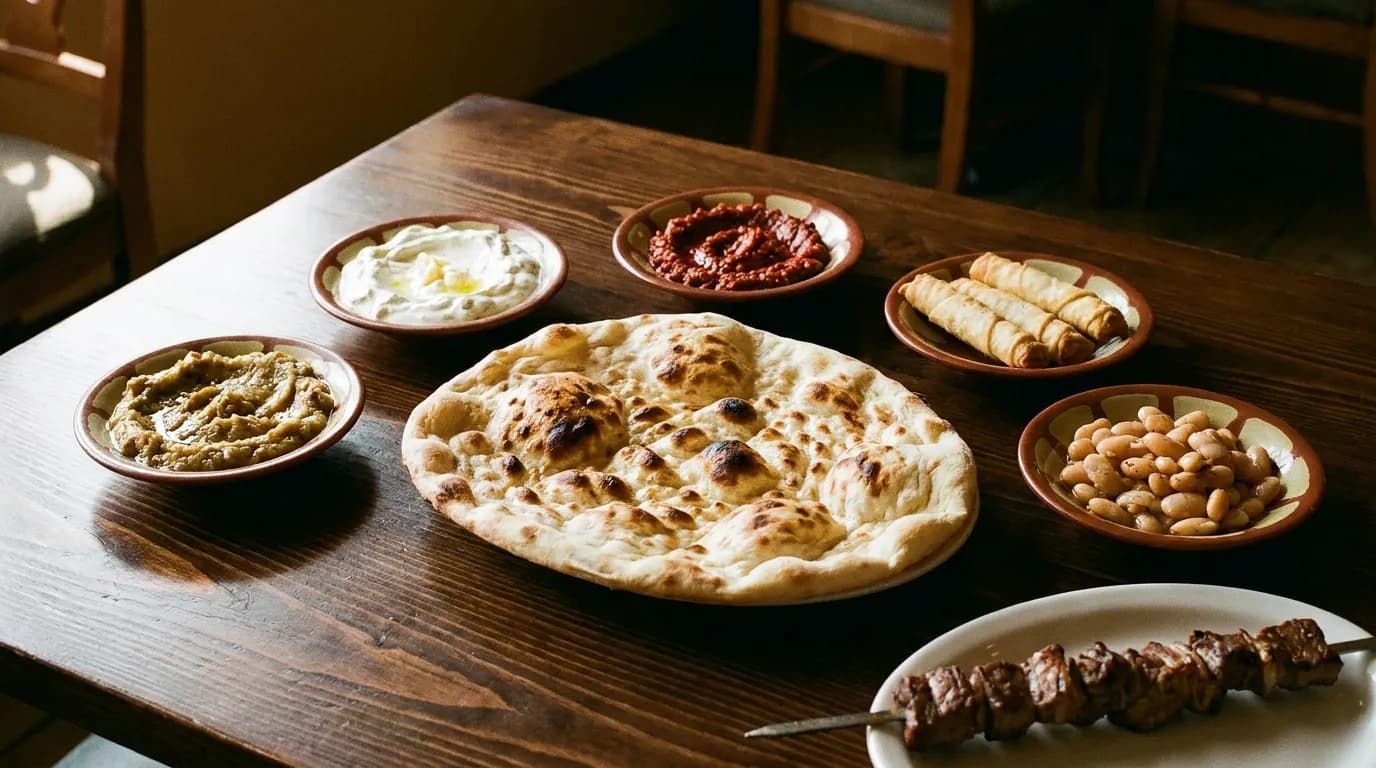 A spread of Turkish mezze in small dishes with charred flatbread and a grilled skewer at the centre of a wooden table.