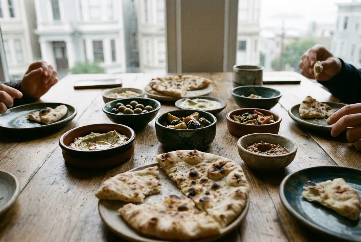 A table covered in small dishes and flatbread, seen from directly above