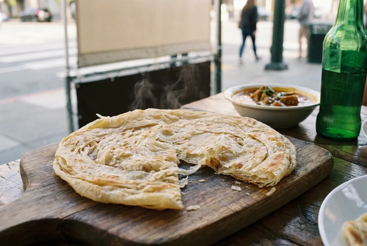 Warm flatbread just out of the oven, torn at one edge, on a board