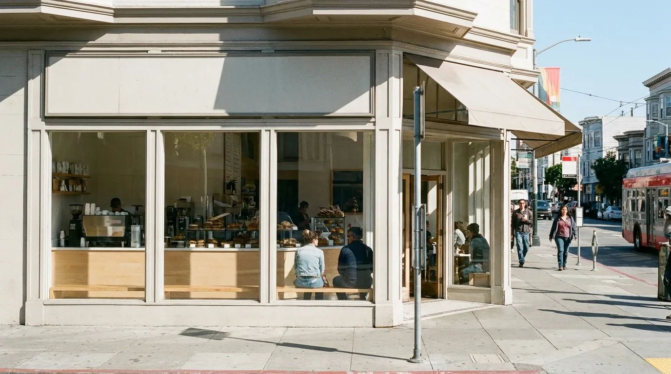 A bright corner bakery and cafe on Mission Street in San Francisco with large windows and a counter visible inside.