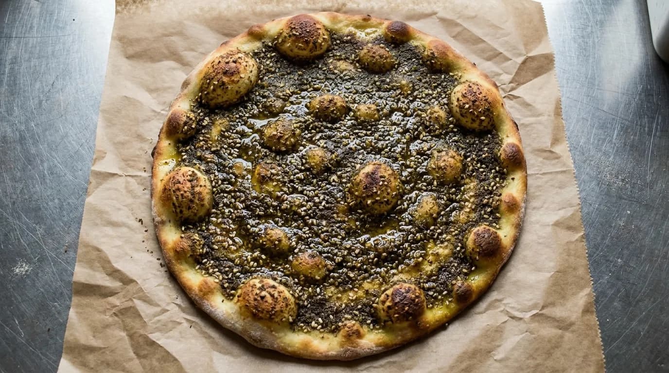 A round flatbread fresh from the oven, spread edge to edge with green za'atar and olive oil.