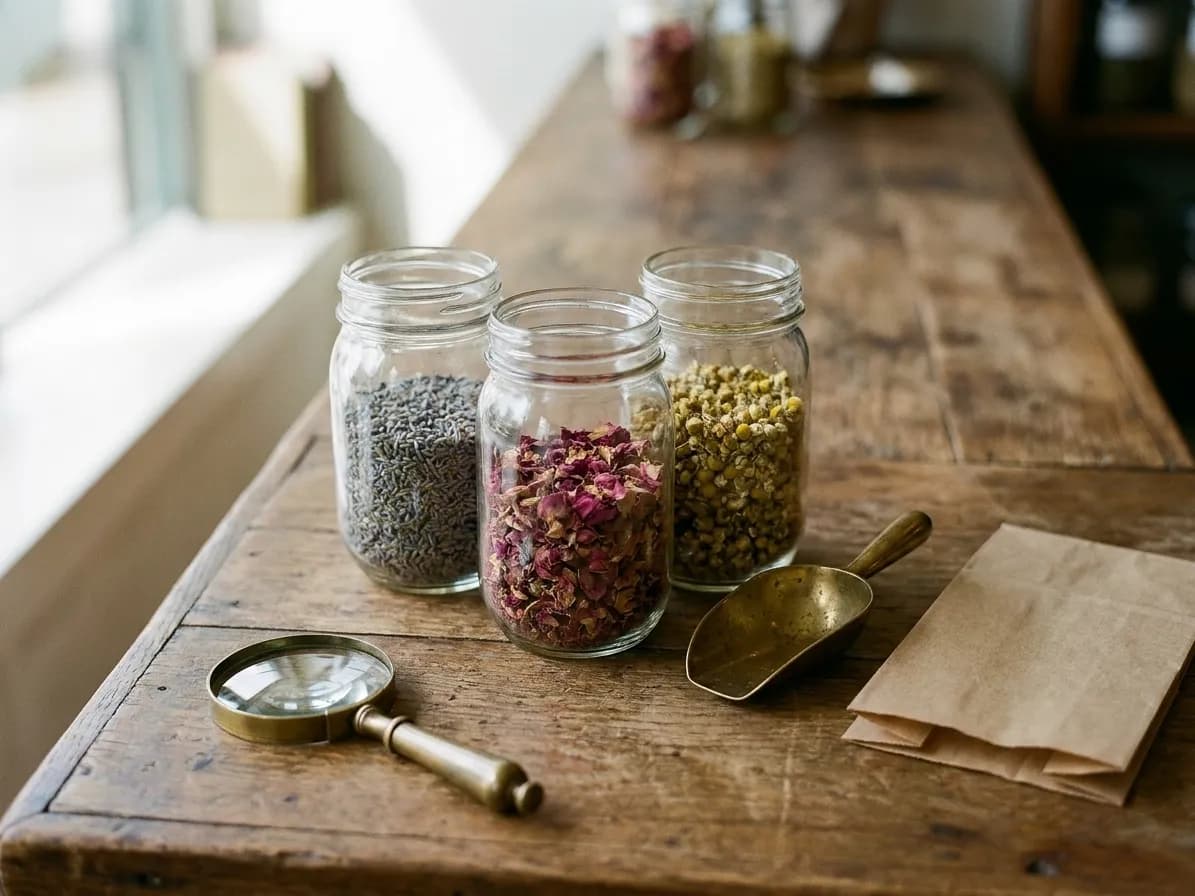 Three unlabelled glass jars of dried botanical material on a shop counter with a brass scoop, paper bag and a loupe beside them