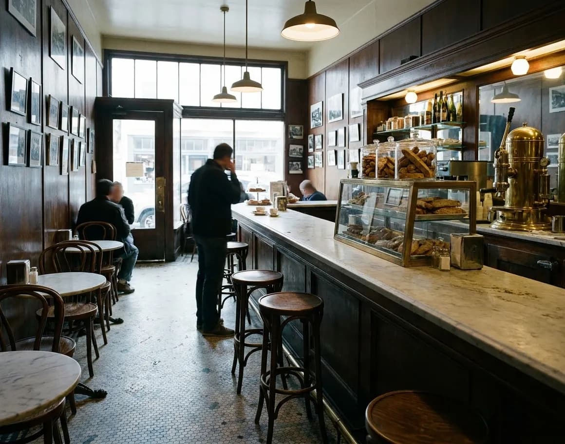 The inside of an old Italian cafe in North Beach at mid-morning, a worn marble counter with a lever espresso machine and glass case of biscotti, dark panelling and bentwood chairs under tall window light