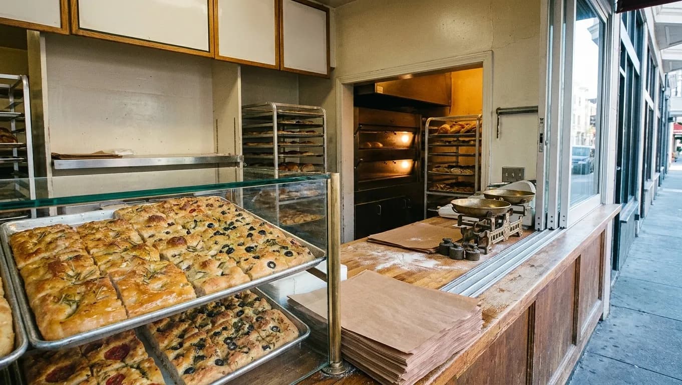 The counter of an old San Francisco Italian bakery at mid-morning, trays of oil-glossed focaccia behind glass beside brass scales and stacked brown paper, with warm light from the ovens behind