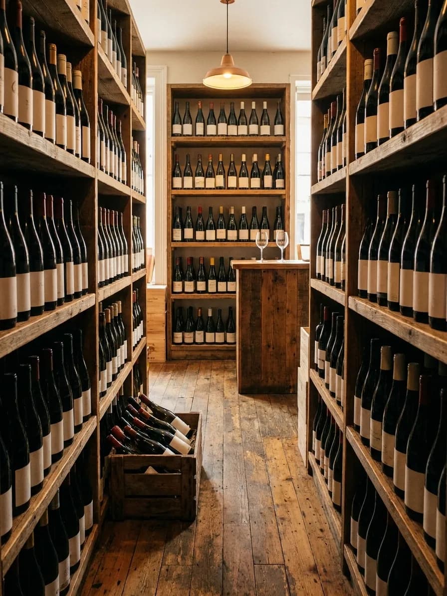 A narrow wine shop with floor-to-ceiling timber shelving down both sides and a small tasting counter under a pendant lamp at the far end