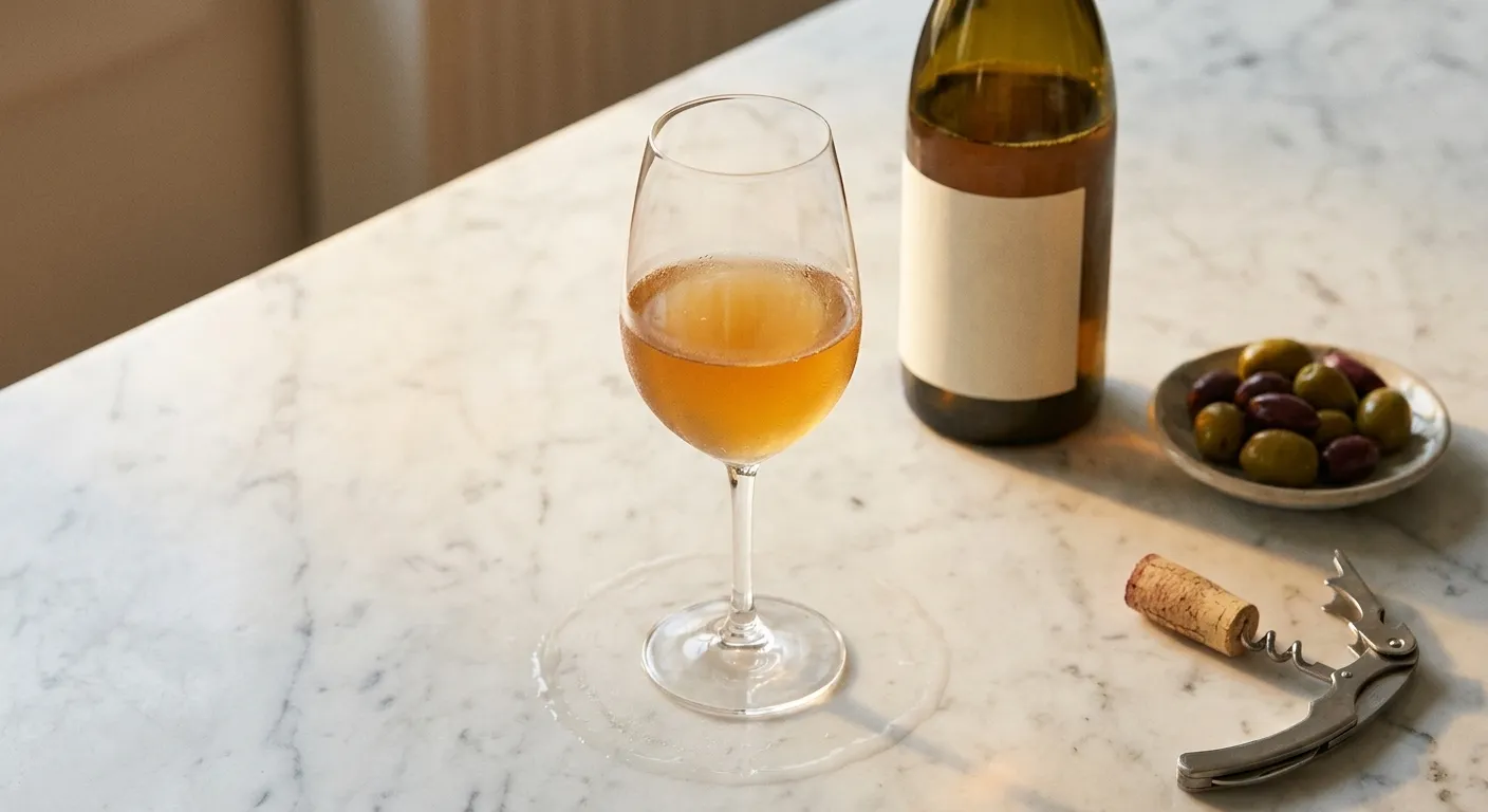 A glass of cloudy amber wine on a marble counter with an open unlabelled bottle, a dish of olives and a corkscrew beside it