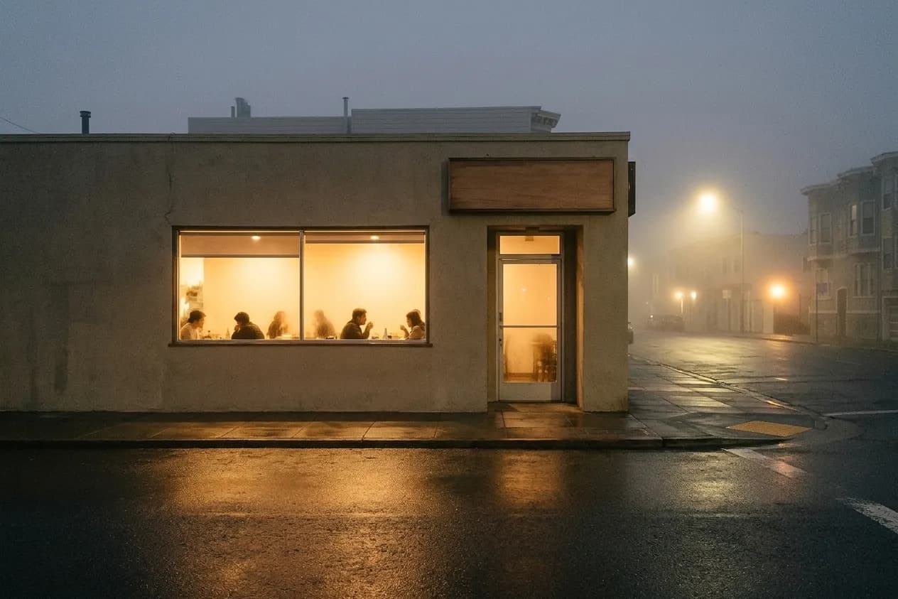 A small restaurant frontage on a foggy Outer Sunset evening in San Francisco, its one wide window glowing warm over damp asphalt with silhouetted diners inside and fog softening the streetlights down the block