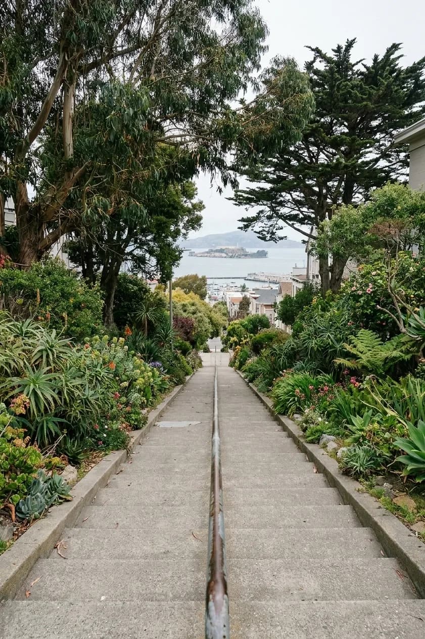 A long public stairway climbing a San Francisco hillside between dense planting, with bay water visible through a gap at the top