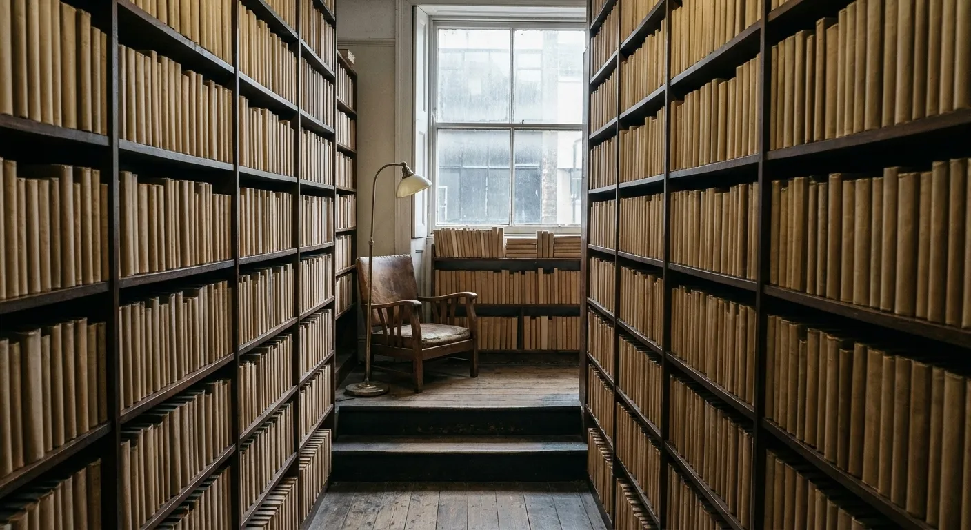 The interior of an old independent bookshop with crammed floor-to-ceiling shelves, a narrow aisle and a reading lamp in the corner