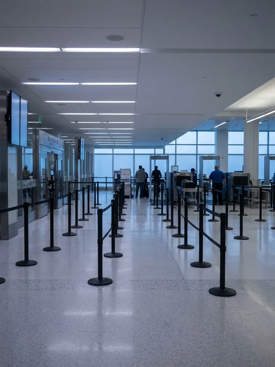 Wide view of San Francisco International Airport security checkpoint with TSA screening lanes and passengers preparing bags for X-ray