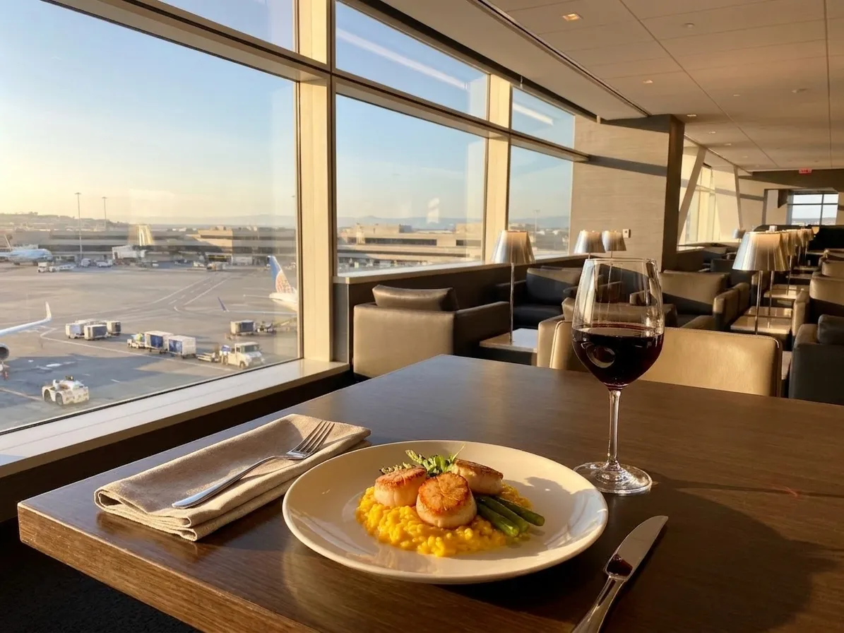 A la carte plated dish at United Polaris Lounge restaurant with wine glass and international terminal tarmac visible through floor-to-ceiling windows
