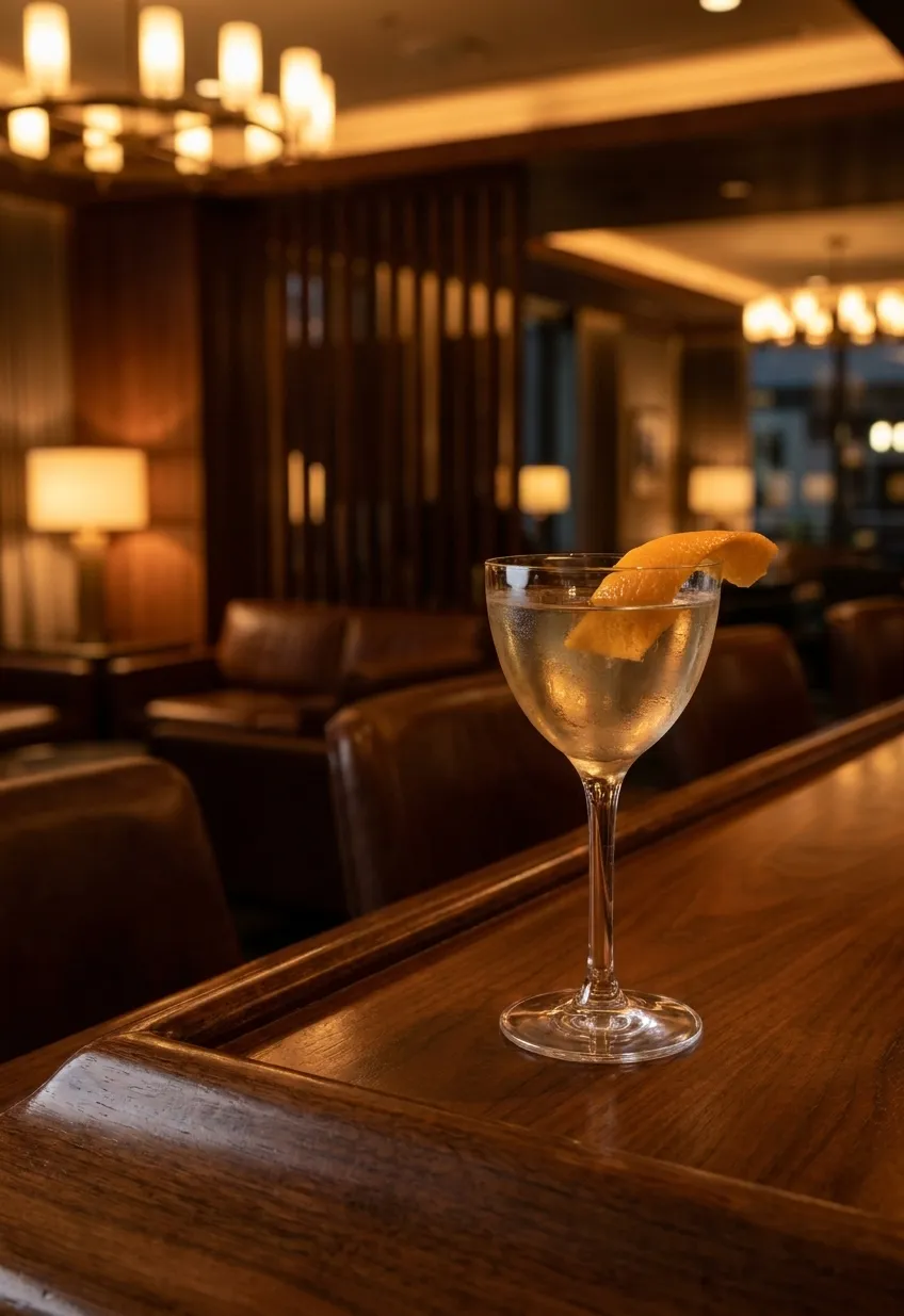 Craft cocktail with fresh citrus garnish on polished bar counter at Amex Centurion Lounge SFO with blurred lounge seating in background