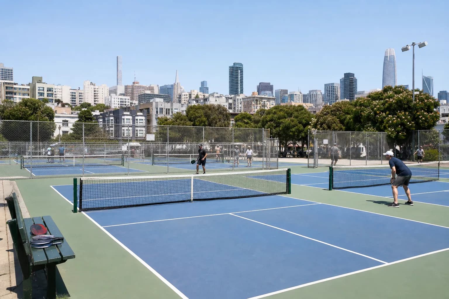 Public pickleball courts in San Francisco with open lines and city park surroundings