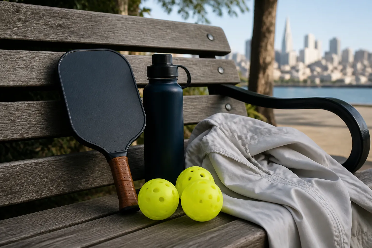 Pickleball paddle, balls, and water bottle laid out for a casual SF drop-in session