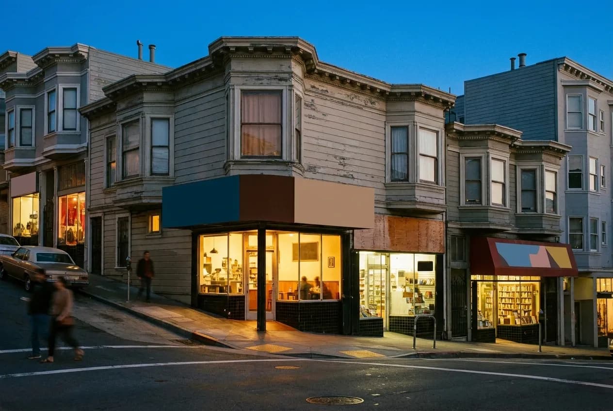A corner of low storefronts on a sloping street, lit from inside as the light goes