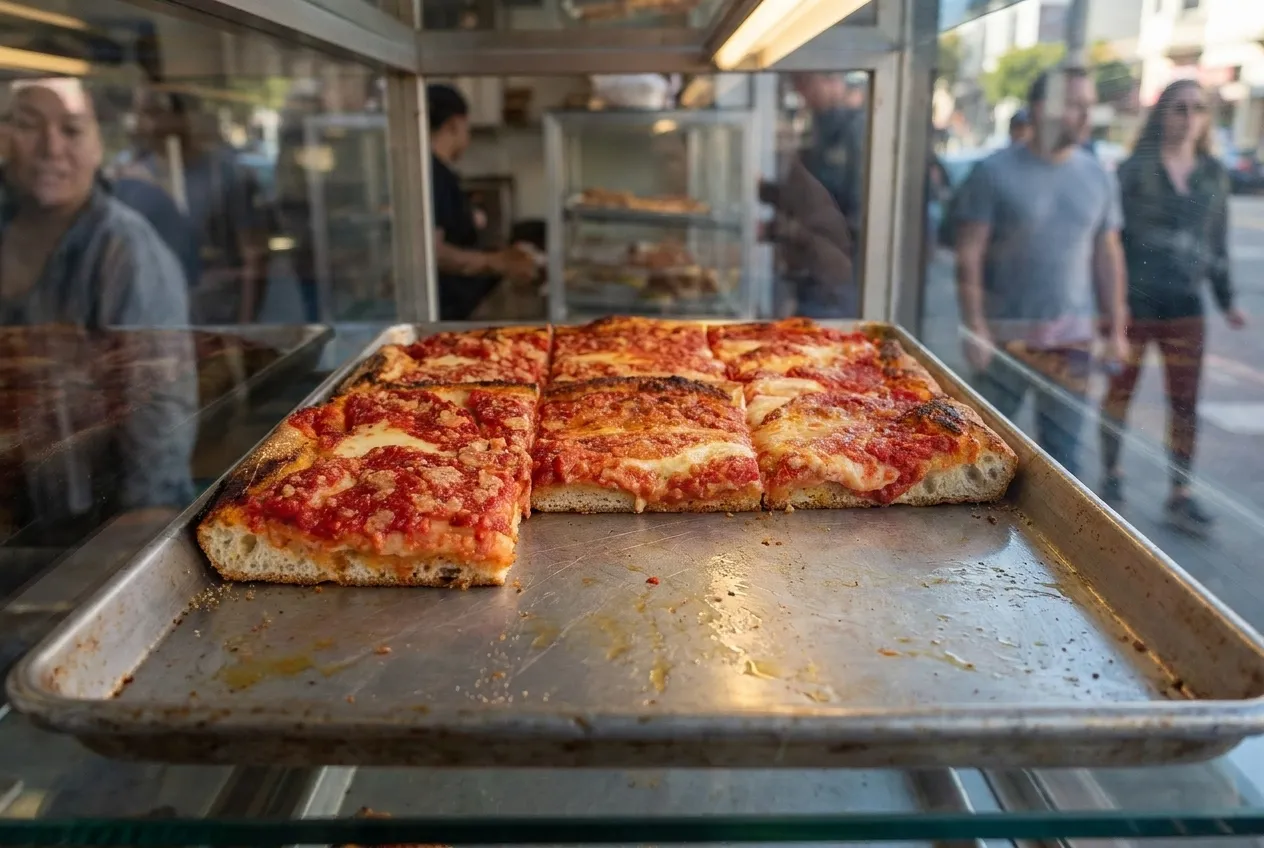 Thick square slices lined up on a tray behind glass, one gap where a slice was lifted