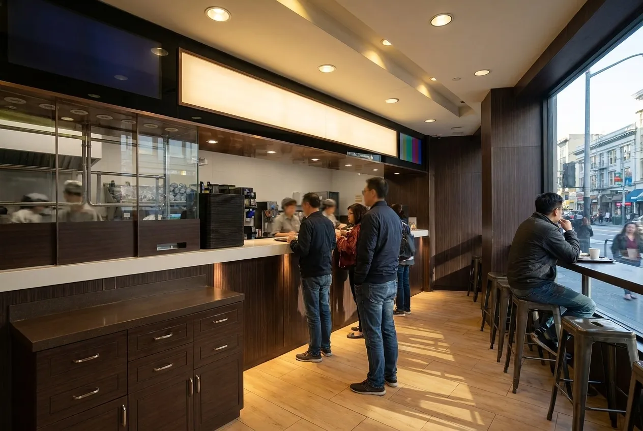An order counter with a short queue and stools along the window behind it