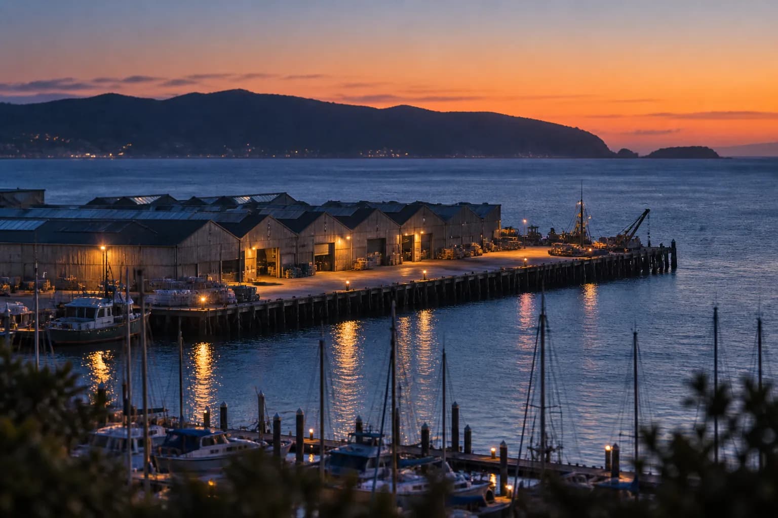 A waterfront pier complex at dusk with a bay and headlands beyond