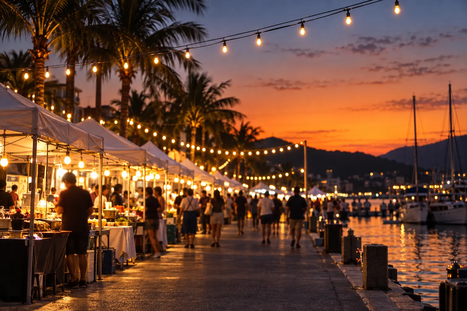 An evening market with stalls and strung lights beside the water