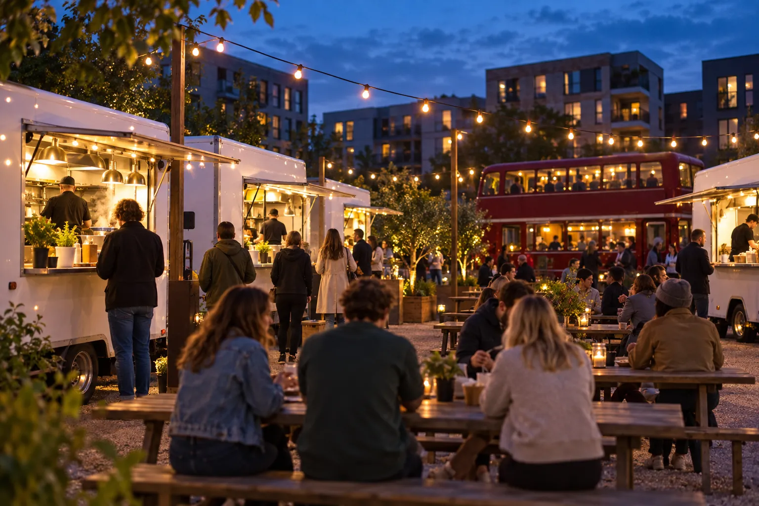 A San Francisco outdoor food truck park at dusk with string lights