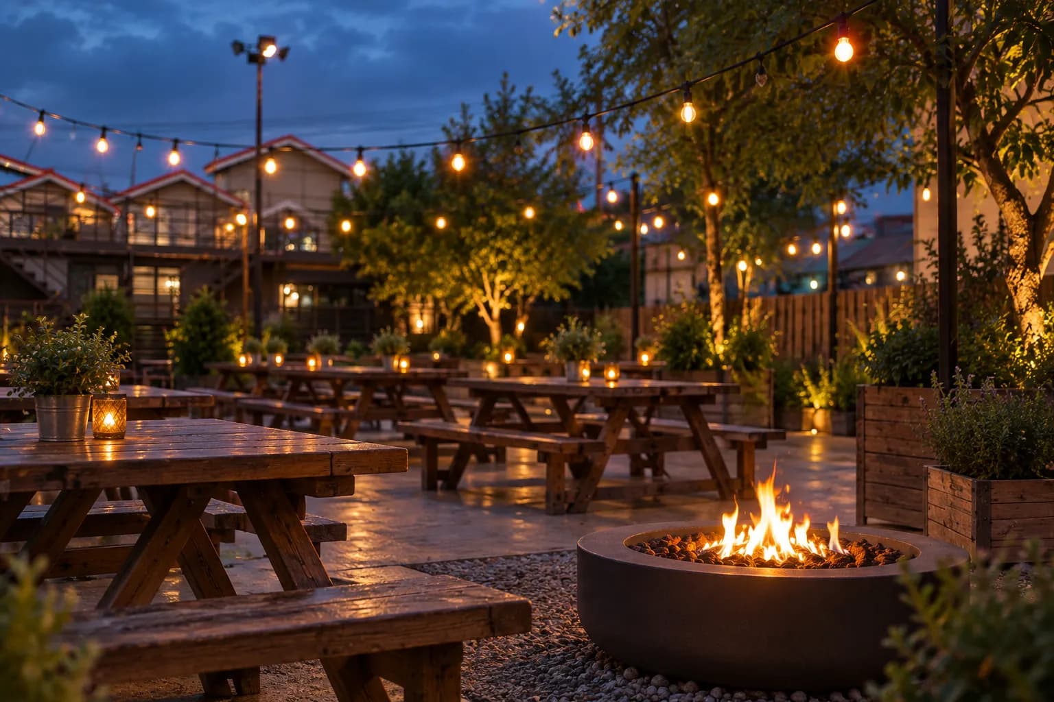 A cluster of food trucks with people-free picnic seating and fire pits