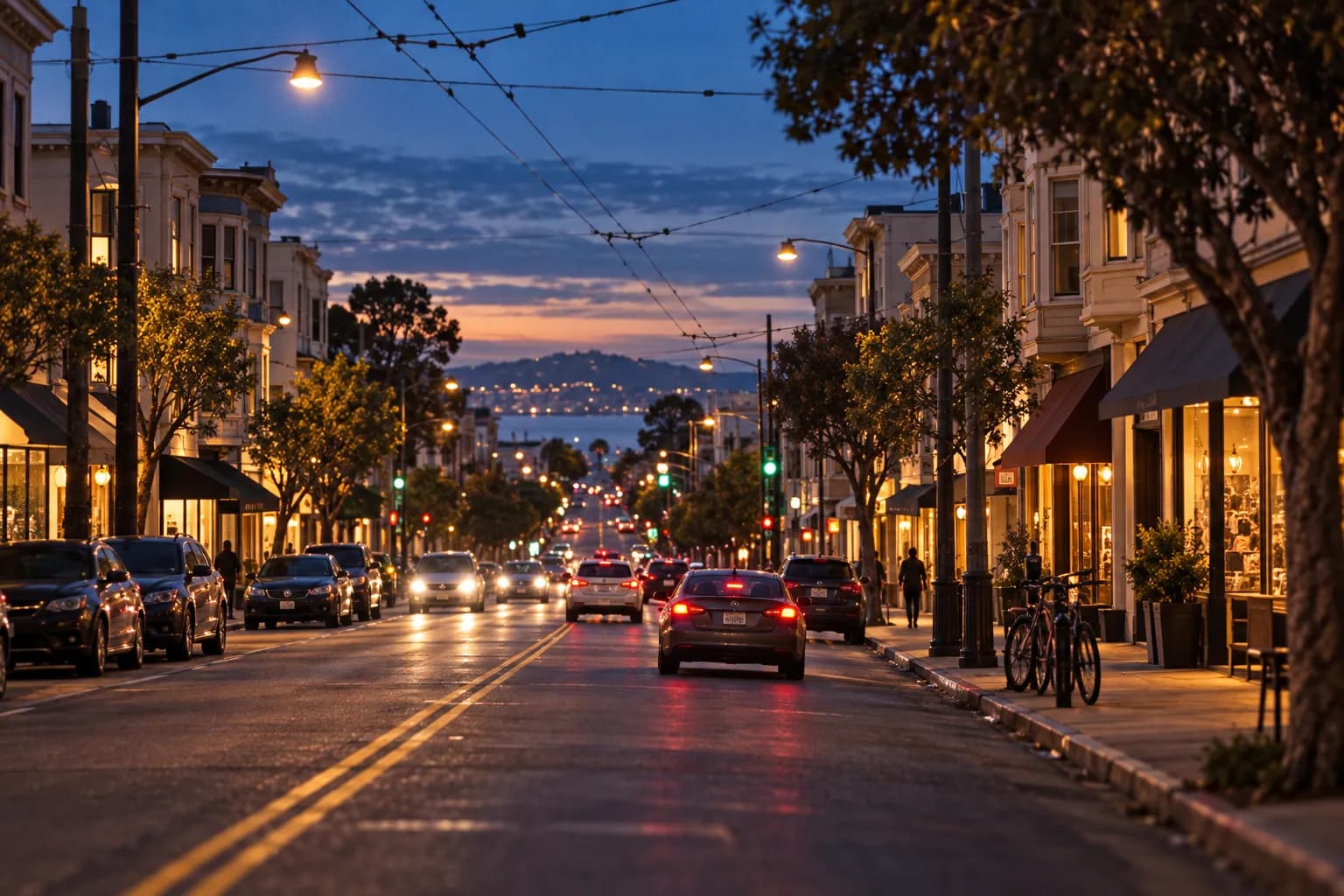 A wide neighbourhood street of low shopfronts in San Francisco at dusk