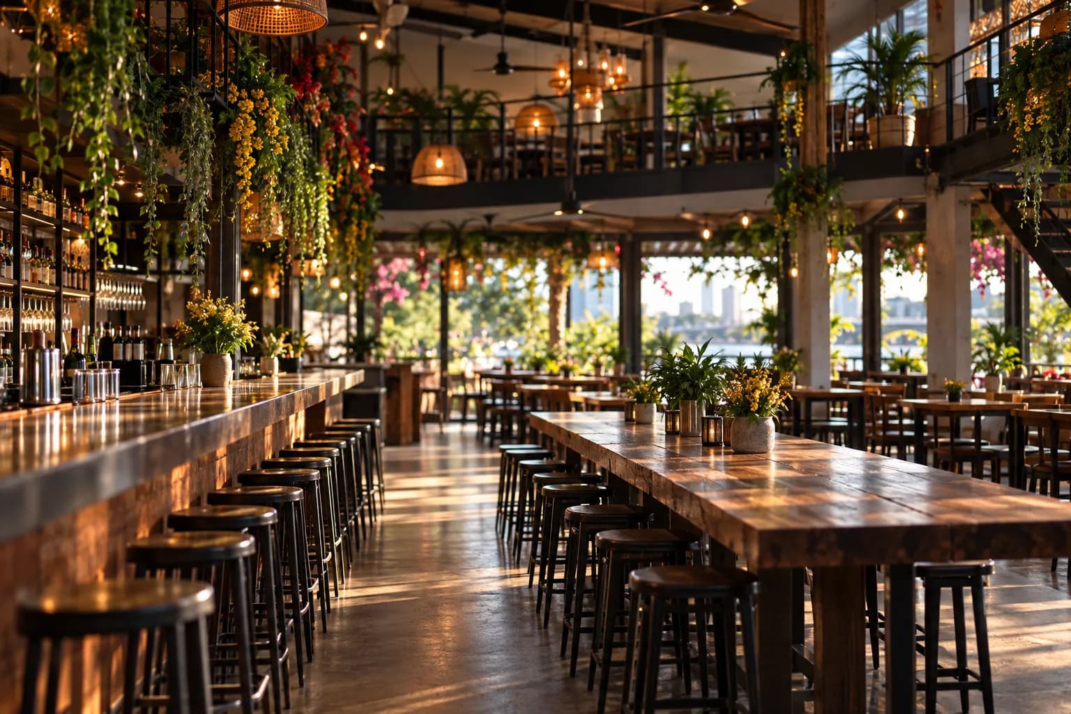 A high-ceilinged restaurant room with a long bar and a communal table
